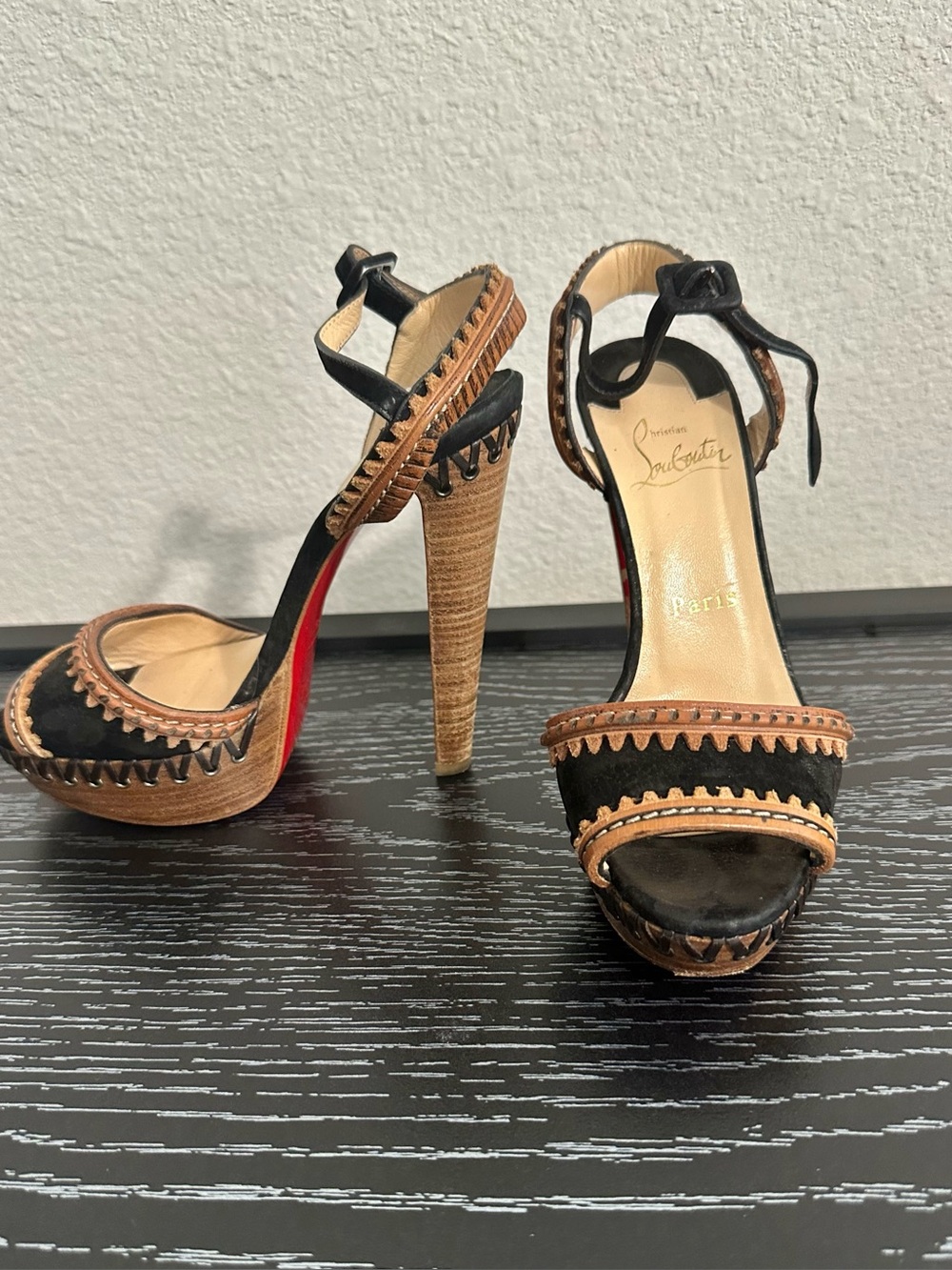 Christian Louboutin Black and Tan Ankle-Strap Platform Sandals
